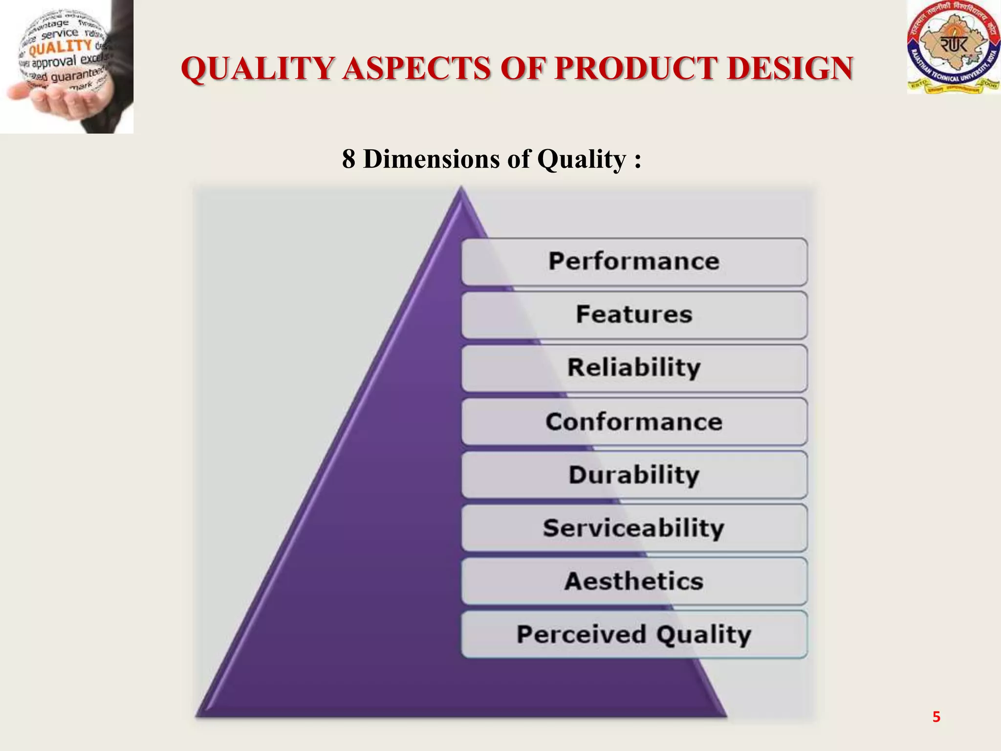 QUALITY ASPECTS OF PRODUCT DESIGN
5
8 Dimensions of Quality :
 