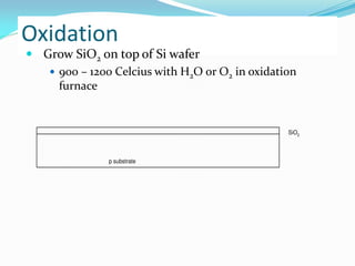 Oxidation
 Grow SiO2 on top of Si wafer
 900 – 1200 Celcius with H2O or O2 in oxidation
furnace
p substrate
SiO2
 