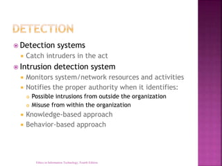 Detection systems
 Catch intruders in the act
 Intrusion detection system
 Monitors system/network resources and activities
 Notifies the proper authority when it identifies:
 Possible intrusions from outside the organization
 Misuse from within the organization
 Knowledge-based approach
 Behavior-based approach
Ethics in Information Technology, Fourth Edition
 