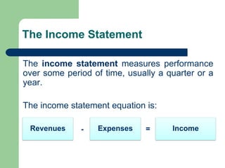 The Income Statement
The income statement measures performance
over some period of time, usually a quarter or a
year.
The income statement equation is:
Revenues Expenses Income
- =
 