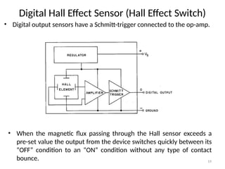 19
Digital Hall Effect Sensor (Hall Effect Switch)
• Digital output sensors have a Schmitt-trigger connected to the op-amp.
• When the magnetic flux passing through the Hall sensor exceeds a
pre-set value the output from the device switches quickly between its
“OFF” condition to an “ON” condition without any type of contact
bounce.
 