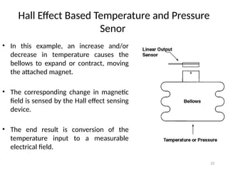 33
Hall Effect Based Temperature and Pressure
Senor
• In this example, an increase and/or
decrease in temperature causes the
bellows to expand or contract, moving
the attached magnet.
• The corresponding change in magnetic
field is sensed by the Hall effect sensing
device.
• The end result is conversion of the
temperature input to a measurable
electrical field.
 