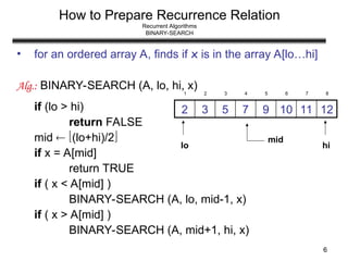 6
How to Prepare Recurrence Relation
Recurrent Algorithms
BINARY-SEARCH
• for an ordered array A, finds if x is in the array A[lo…hi]
Alg.: BINARY-SEARCH (A, lo, hi, x)
if (lo > hi)
return FALSE
mid  (lo+hi)/2
if x = A[mid]
return TRUE
if ( x < A[mid] )
BINARY-SEARCH (A, lo, mid-1, x)
if ( x > A[mid] )
BINARY-SEARCH (A, mid+1, hi, x)
12
11
10
9
7
5
3
2
1 2 3 4 5 6 7 8
mid
lo hi
 
