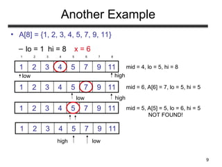 9
Another Example
• A[8] = {1, 2, 3, 4, 5, 7, 9, 11}
– lo = 1 hi = 8 x = 6
mid = 4, lo = 5, hi = 8
mid = 6, A[6] = 7, lo = 5, hi = 5
11
9
7
5
4
3
2
1
11
9
7
5
4
3
2
1
1 2 3 4 5 6 7 8
11
9
7
5
4
3
2
1 mid = 5, A[5] = 5, lo = 6, hi = 5
NOT FOUND!
11
9
7
5
4
3
2
1
low high
low
low
high
high
 