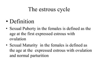 The estrous cycle
• Definition
• Sexual Puberty in the females is defined as the
age at the first expressed estrous with
ovulation
• Sexual Maturity in the females is defined as
the age at the expressed estrous with ovulation
and normal parturition
 