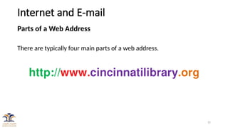 22
Internet and E-mail
Parts of a Web Address
There are typically four main parts of a web address.
 