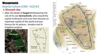 • After the death of Sargon II followed by the
rule of his son Sennacherib, who moved the
capital to Nineveh and since then became an
important capital of the world and was
famous for its palaces , temples and its
irrigation projects.
Mesopotamia
3. Nineveh city:
Assyrian Culture (1350 – 612) B.C
6
 