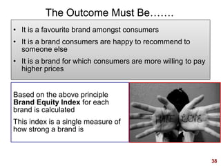 38
The Outcome Must Be…….
• It is a favourite brand amongst consumers
• It is a brand consumers are happy to recommend to
someone else
• It is a brand for which consumers are more willing to pay
higher prices
Based on the above principle
Brand Equity Index for each
brand is calculated
This index is a single measure of
how strong a brand is
 