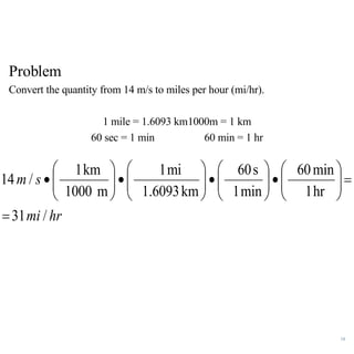 Problem Convert the quantity from 14 m/s to miles per hour (mi/hr). 1 mile = 1.6093 km 1000m = 1 km 60 sec = 1 min 60 min = 1 hr 