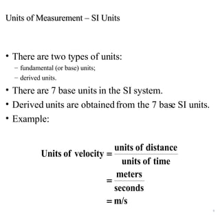 Units of Measurement – SI Units There are two types of units: fundamental (or base) units; derived units. There are 7 base units in the SI system. Derived units are obtained from the 7 base SI units. Example: 