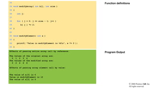  2000 Prentice Hall, Inc.
All rights reserved.
Function definitions
Program Output
13
33
34 void modifyArray( int b[], int size )
35 {
36 int j;
37
38 for ( j = 0; j <= size - 1; j++ )
39 b[ j ] *= 2;
40 }
41
42 void modifyElement( int e )
43 {
44 printf( "Value in modifyElement is %dn", e *= 2 );
45 }
Effects of passing entire array call by reference:
The values of the original array are:
0 1 2 3 4
The values of the modified array are:
0 2 4 6 8
Effects of passing array element call by value:
The value of a[3] is 6
Value in modifyElement is 12
The value of a[3] is 6
 