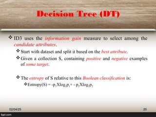 Decision Tree (DT)
 ID3 uses the information gain measure to select among the
candidate attributes.
Start with dataset and split it based on the best attribute.
Given a collection S, containing positive and negative examples
of some target.
The entropy of S relative to this Boolean classification is:
Entropy(S) = -p1Xlog2p1+ - p2Xlog2p2
02/04/25 20
 