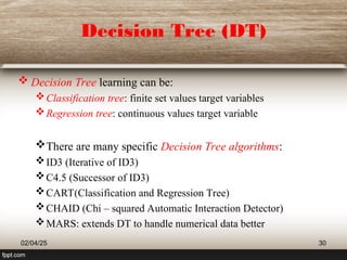 Decision Tree (DT)
 Decision Tree learning can be:
Classification tree: finite set values target variables
Regression tree: continuous values target variable
There are many specific Decision Tree algorithms:
ID3 (Iterative of ID3)
C4.5 (Successor of ID3)
CART(Classification and Regression Tree)
CHAID (Chi – squared Automatic Interaction Detector)
MARS: extends DT to handle numerical data better
02/04/25 30
 