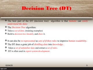 Decision Tree (DT)
 The best part of the DT (decision tree) algorithm is that humans can easily
understand the data:
 The Decision Tree algorithm:
 Takes a set of data. (training examples)
 Build a decision tree (model), and draw it.
 It can also be re-represented as sets of if-then rules to improve human readability.
 The DT does a grate job of distilling data into knowledge.
 Takes a set of unfamiliar data and extract a set of rules.
 DT is often used in expert system development.
02/04/25 5
 