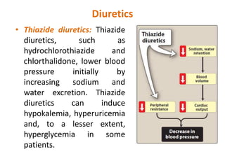Diuretics
• Thiazide diuretics: Thiazide
diuretics, such as
hydrochlorothiazide and
chlorthalidone, lower blood
pressure initially by
increasing sodium and
water excretion. Thiazide
diuretics can induce
hypokalemia, hyperuricemia
and, to a lesser extent,
hyperglycemia in some
patients.
 