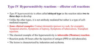 Type IV Hypersensitivity reactions – effector cell reactions
• Type IV hypersensitivity is often called delayed type as the reaction takes two to
three days to develop.
• Unlike the other types, it is not antibody mediated but rather is a type of cell-
mediated response.
• Some clinical examples: Contact dermatitis (poison ivy rash, for example),
Temporal arteritis, Symptoms of leprosy, Symptoms of tuberculosis, Transplant
rejection.
• The classical example of this hypersensitivity is tuberculin (Montoux) reaction.
• Reaction peaks 48 hours after the injection of antigen (PPD or old tuberculin).
• The lesion is characterized by induration and erythema.
 