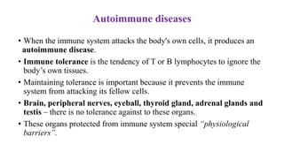 Autoimmune diseases
• When the immune system attacks the body's own cells, it produces an
autoimmune disease.
• Immune tolerance is the tendency of T or B lymphocytes to ignore the
body’s own tissues.
• Maintaining tolerance is important because it prevents the immune
system from attacking its fellow cells.
• Brain, peripheral nerves, eyeball, thyroid gland, adrenal glands and
testis – there is no tolerance against to these organs.
• These organs protected from immune system special “physiological
barriers”.
 