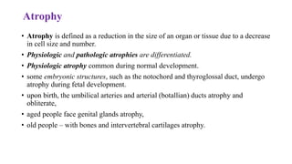 Atrophy
• Atrophy is defined as a reduction in the size of an organ or tissue due to a decrease
in cell size and number.
• Physiologic and pathologic atrophies are differentiated.
• Physiologic atrophy common during normal development.
• some embryonic structures, such as the notochord and thyroglossal duct, undergo
atrophy during fetal development.
• upon birth, the umbilical arteries and arterial (botallian) ducts atrophy and
obliterate,
• aged people face genital glands atrophy,
• old people – with bones and intervertebral cartilages atrophy.
 