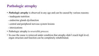 Pathologic atrophy
• Pathologic atrophy is observed in any age and can be caused by various reasons:
- inadequate nutrition
- endocrine glands dysfunction
- central and peripheral nervous system lesions
- intoxications
• Pathologic atrophy is reversible process.
• In case the cause is removed under condition that atrophy didn’t reach high level,
organ structure and function can be completely rehabilitated.
 