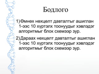 Бодлого 
1) Өмнөх нөхцөлт давталтыг ашиглан 
1-ээс 10 хүртэлх тоонуудыг хэвлэдэг 
алгоритмыг блок схемээр зур. 
2) Дараах нөхцөлт давталтыг ашиглан 
1-ээс 10 хүртэлх тоонуудыг хэвлэдэг 
алгоритмыг блок схемээр зур. 
 