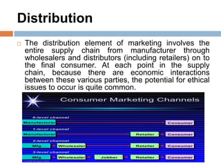 Distribution
 The distribution element of marketing involves the
entire supply chain from manufacturer through
wholesalers and distributors (including retailers) on to
the final consumer. At each point in the supply
chain, because there are economic interactions
between these various parties, the potential for ethical
issues to occur is quite common.
 