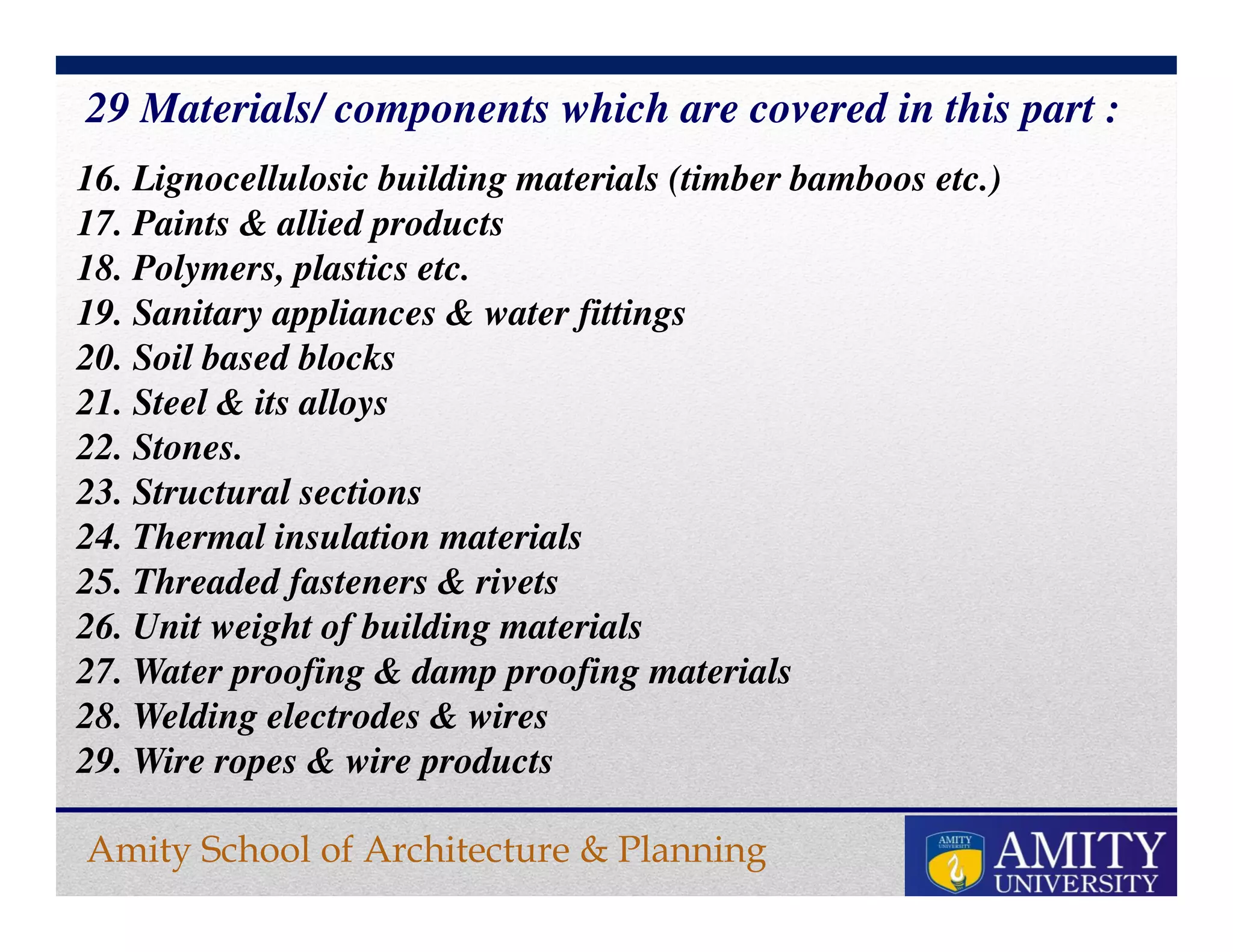 Amity School of Architecture & Planning
29 Materials/ components which are covered in this part :
16. Lignocellulosic building materials (timber bamboos etc.)
17. Paints & allied products
18. Polymers, plastics etc.
19. Sanitary appliances & water fittings
20. Soil based blocks
21. Steel & its alloys
22. Stones.
23. Structural sections
24. Thermal insulation materials
25. Threaded fasteners & rivets
26. Unit weight of building materials
27. Water proofing & damp proofing materials
28. Welding electrodes & wires
29. Wire ropes & wire products
 