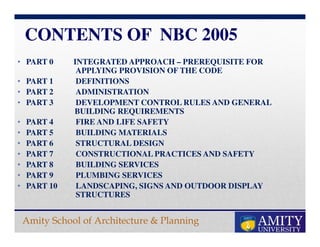 Amity School of Architecture & Planning
CONTENTS OF NBC 2005
• PART 0 INTEGRATED APPROACH – PREREQUISITE FOR
APPLYING PROVISION OF THE CODE
• PART 1 DEFINITIONS
• PART 2 ADMINISTRATION
• PART 3 DEVELOPMENT CONTROL RULES AND GENERAL
BUILDING REQUIREMENTS
• PART 4 FIRE AND LIFE SAFETY
• PART 5 BUILDING MATERIALS
• PART 6 STRUCTURAL DESIGN
• PART 7 CONSTRUCTIONAL PRACTICES AND SAFETY
• PART 8 BUILDING SERVICES
• PART 9 PLUMBING SERVICES
• PART 10 LANDSCAPING, SIGNS AND OUTDOOR DISPLAY
STRUCTURES
 