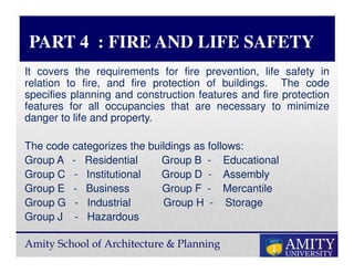 Amity School of Architecture & Planning
PART 4 : FIRE AND LIFE SAFETY
It covers the requirements for fire prevention, life safety in
relation to fire, and fire protection of buildings. The code
specifies planning and construction features and fire protection
features for all occupancies that are necessary to minimize
danger to life and property.
The code categorizes the buildings as follows:
Group A - Residential Group B - Educational
Group C - Institutional Group D - Assembly
Group E - Business Group F - Mercantile
Group G - Industrial Group H - Storage
Group J - Hazardous
 
