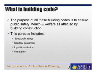 Amity School of Architecture & Planning
7
The purpose of all these building codes is to ensure
public safety, health & welfare as affected by
building construction.
This purpose includes:
Structural strength
Sanitary equipment
Light & ventilation
Fire safety
What is building code?
 