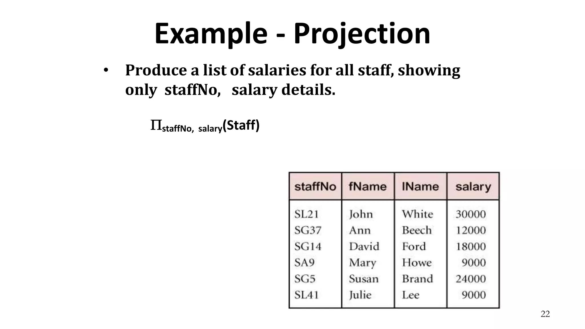 22
Example - Projection
• Produce a list of salaries for all staff, showing
only staffNo, salary details.
staffNo, salary(Staff)
 