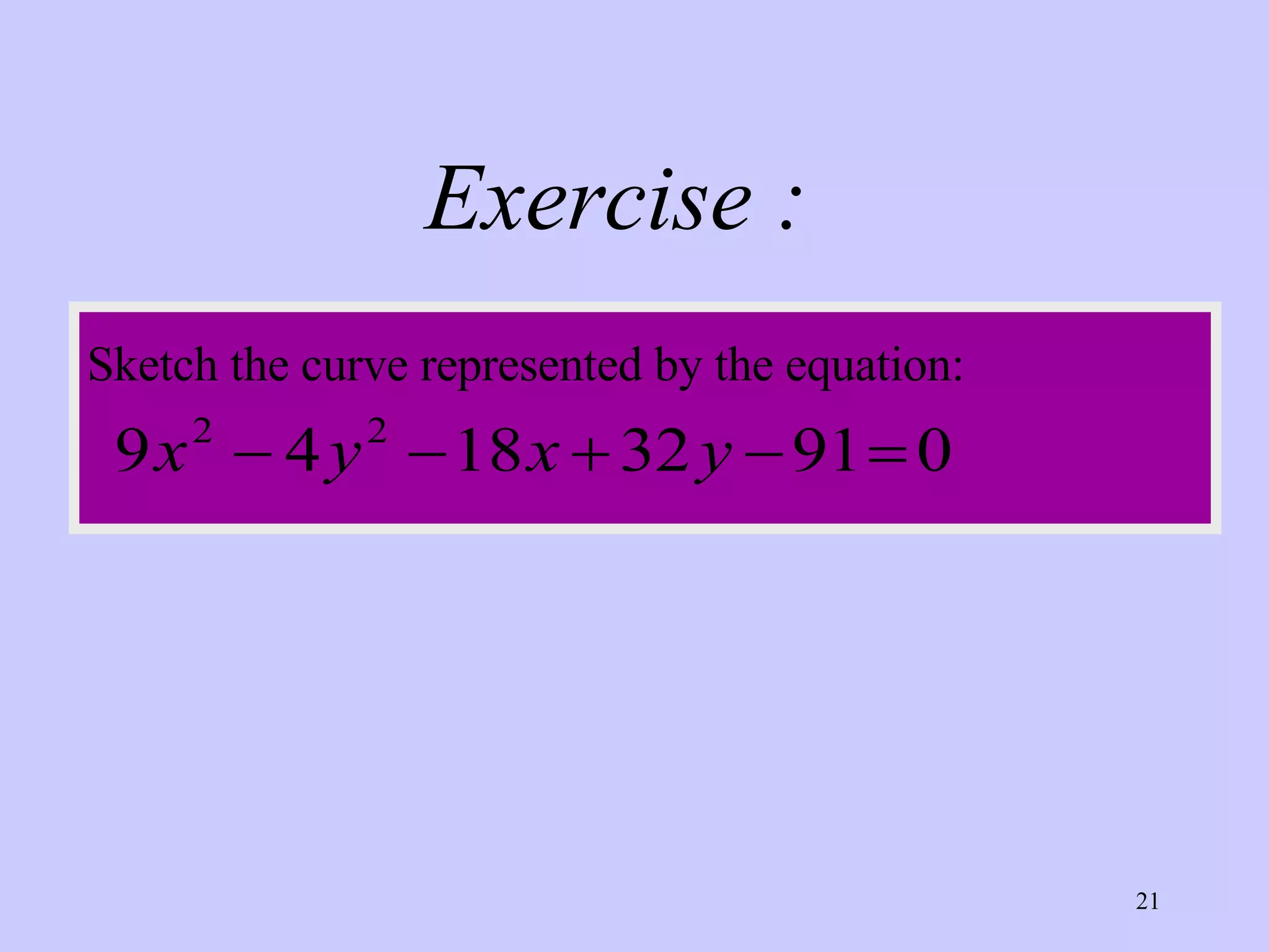 Sketch the curve represented by the equation: Exercise :   