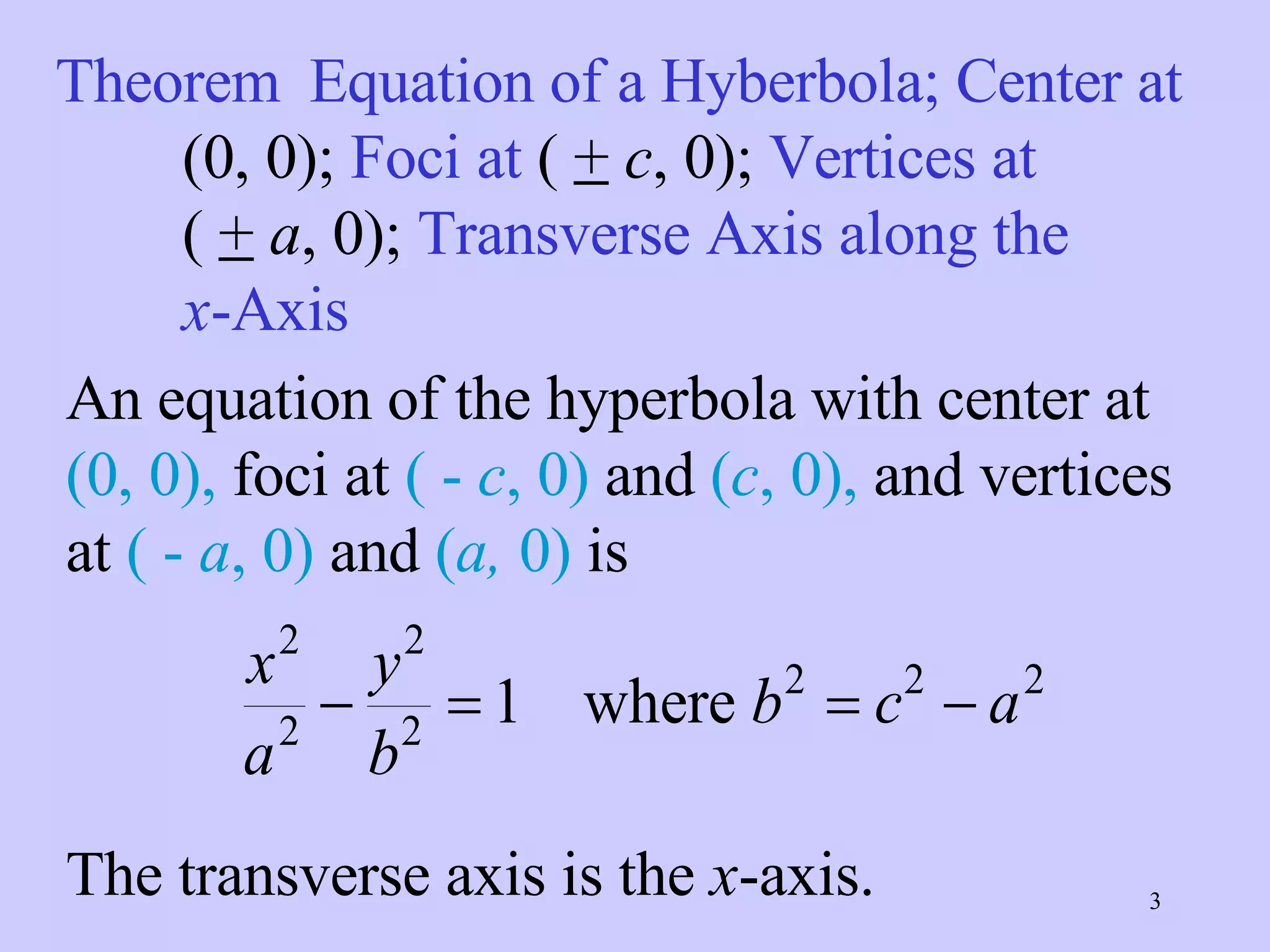 Theorem Equation of a Hyberbola; Center at  (0, 0);  Foci at  (  +   c , 0);  Vertices at  (  +   a , 0);  Transverse Axis along the  x -Axis An equation of the hyperbola with center at  (0, 0),  foci at  ( -  c , 0)  and  ( c , 0),  and vertices at  ( -  a , 0)  and  ( a,  0)  is The transverse axis is the  x -axis. 
