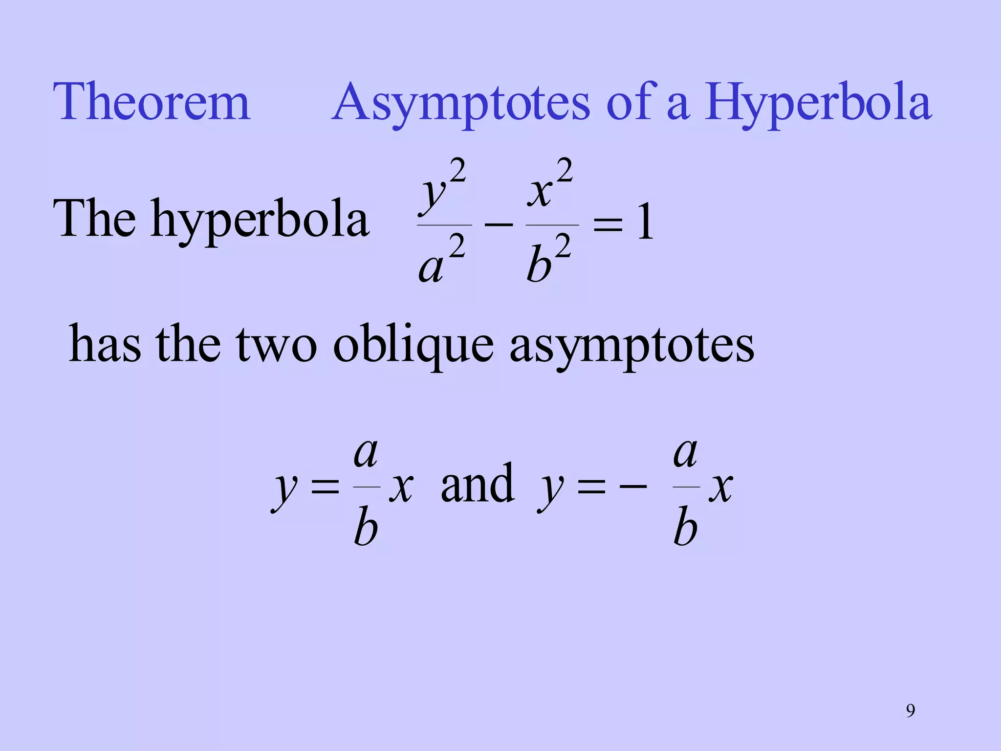 Theorem  Asymptotes of a Hyperbola The hyperbola has the two oblique asymptotes 