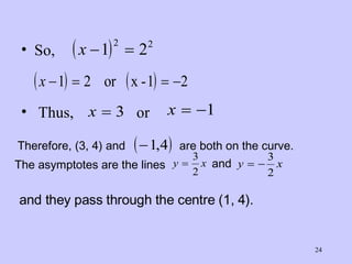 So, Thus,  or  Therefore, (3, 4) and   are both on the curve.  The asymptotes are the lines  and  and they pass through the centre (1, 4).  