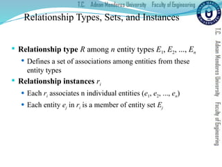 Relationship Types, Sets, and Instances
 Relationship type R among n entity types E1, E2, ..., En
 Defines a set of associations among entities from these
entity types
 Relationship instances ri
 Each ri associates n individual entities (e1, e2, ..., en)
 Each entity ej in ri is a member of entity set Ej
 