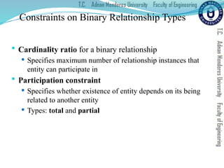 Constraints on Binary Relationship Types
 Cardinality ratio for a binary relationship
 Specifies maximum number of relationship instances that
entity can participate in
 Participation constraint
 Specifies whether existence of entity depends on its being
related to another entity
 Types: total and partial
 