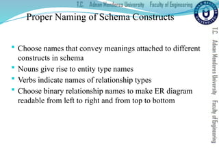 Proper Naming of Schema Constructs
 Choose names that convey meanings attached to different
constructs in schema
 Nouns give rise to entity type names
 Verbs indicate names of relationship types
 Choose binary relationship names to make ER diagram
readable from left to right and from top to bottom
 