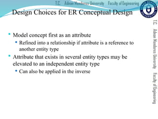 Design Choices for ER Conceptual Design
 Model concept first as an attribute
 Refined into a relationship if attribute is a reference to
another entity type
 Attribute that exists in several entity types may be
elevated to an independent entity type
 Can also be applied in the inverse
 