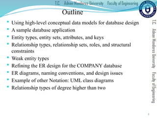 3
 Using high-level conceptual data models for database design
 A sample database application
 Entity types, entity sets, attributes, and keys
 Relationship types, relationship sets, roles, and structural
constraints
 Weak entity types
 Refining the ER design for the COMPANY database
 ER diagrams, naming conventions, and design issues
 Example of other Notation: UML class diagrams
 Relationship types of degree higher than two
Outline
 