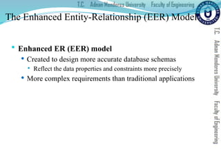 The Enhanced Entity-Relationship (EER) Model
 Enhanced ER (EER) model
 Created to design more accurate database schemas
 Reflect the data properties and constraints more precisely
 More complex requirements than traditional applications
 