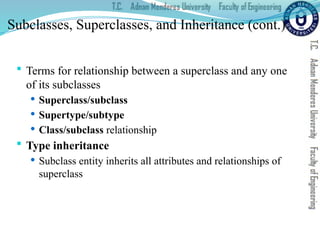 Subclasses, Superclasses, and Inheritance (cont.)
 Terms for relationship between a superclass and any one
of its subclasses
 Superclass/subclass
 Supertype/subtype
 Class/subclass relationship
 Type inheritance
 Subclass entity inherits all attributes and relationships of
superclass
 