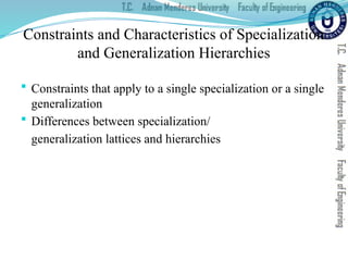 Constraints and Characteristics of Specialization
and Generalization Hierarchies
 Constraints that apply to a single specialization or a single
generalization
 Differences between specialization/
generalization lattices and hierarchies
 