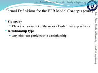  Category
 Class that is a subset of the union of n defining superclasses
 Relationship type
 Any class can participate in a relationship
Formal Definitions for the EER Model Concepts (cont.)
 
