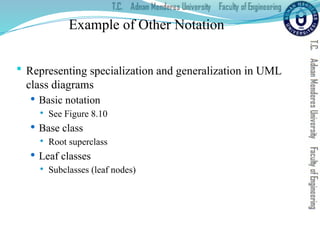 Example of Other Notation
 Representing specialization and generalization in UML
class diagrams
 Basic notation
 See Figure 8.10
 Base class
 Root superclass
 Leaf classes
 Subclasses (leaf nodes)
 