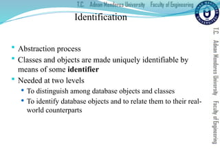 Identification
 Abstraction process
 Classes and objects are made uniquely identifiable by
means of some identifier
 Needed at two levels
 To distinguish among database objects and classes
 To identify database objects and to relate them to their real-
world counterparts
 