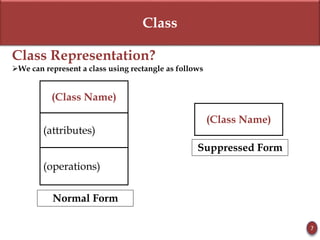 Class
Class Representation?
We can represent a class using rectangle as follows
7
(Class Name)
(attributes)
(operations)
(Class Name)
Normal Form
Suppressed Form
 