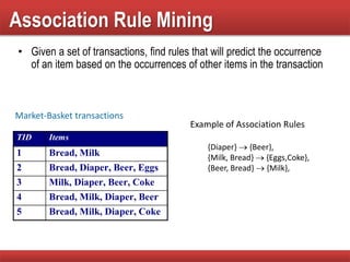 Association Rule Mining
• Given a set of transactions, find rules that will predict the occurrence
of an item based on the occurrences of other items in the transaction
Market-Basket transactions
TID Items
1 Bread, Milk
2 Bread, Diaper, Beer, Eggs
3 Milk, Diaper, Beer, Coke
4 Bread, Milk, Diaper, Beer
5 Bread, Milk, Diaper, Coke
Example of Association Rules
{Diaper}  {Beer},
{Milk, Bread}  {Eggs,Coke},
{Beer, Bread}  {Milk},
 