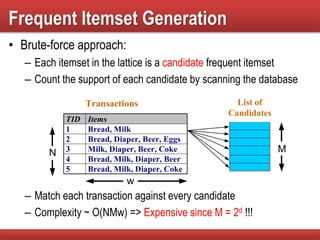Frequent Itemset Generation
• Brute-force approach:
– Each itemset in the lattice is a candidate frequent itemset
– Count the support of each candidate by scanning the database
– Match each transaction against every candidate
– Complexity ~ O(NMw) => Expensive since M = 2d !!!
TID Items
1 Bread, Milk
2 Bread, Diaper, Beer, Eggs
3 Milk, Diaper, Beer, Coke
4 Bread, Milk, Diaper, Beer
5 Bread, Milk, Diaper, Coke
N
Transactions List of
Candidates
M
w
 