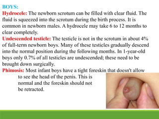 BOYS:
Hydrocele: The newborn scrotum can be filled with clear fluid. The
fluid is squeezed into the scrotum during the birth process. It is
common in newborn males. A hydrocele may take 6 to 12 months to
clear completely.
Undescended testicle: The testicle is not in the scrotum in about 4%
of full-term newborn boys. Many of these testicles gradually descend
into the normal position during the following months. In 1-year-old
boys only 0.7% of all testicles are undescended; these need to be
brought down surgically.
Phimosis: Most infant boys have a tight foreskin that doesn't allow
to see the head of the penis. This is
normal and the foreskin should not
be retracted.
 