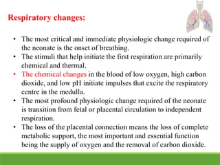 Respiratory changes:
• The most critical and immediate physiologic change required of
the neonate is the onset of breathing.
• The stimuli that help initiate the first respiration are primarily
chemical and thermal.
• The chemical changes in the blood of low oxygen, high carbon
dioxide, and low pH initiate impulses that excite the respiratory
centre in the medulla.
• The most profound physiologic change required of the neonate
is transition from fetal or placental circulation to independent
respiration.
• The loss of the placental connection means the loss of complete
metabolic support, the most important and essential function
being the supply of oxygen and the removal of carbon dioxide.
 